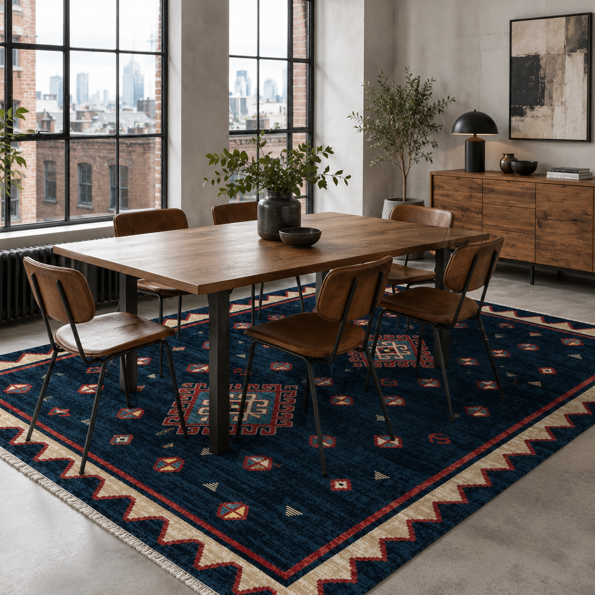 Tapis Ethnique Bleu Marine Lavable Oslo, vue 6