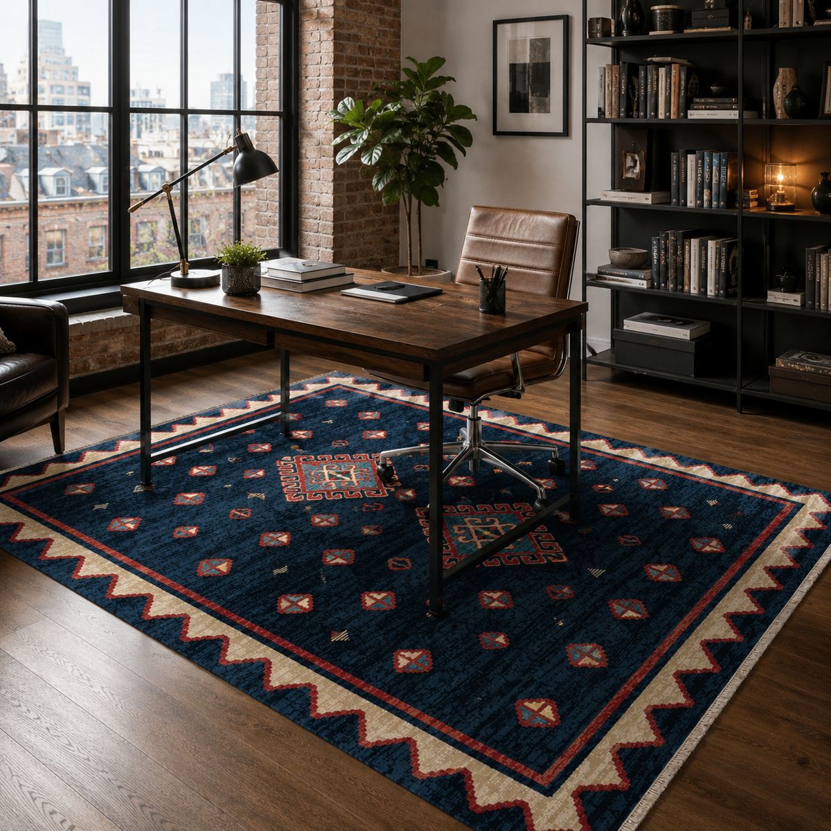 Tapis Ethnique Bleu Marine Lavable Oslo, vue 7
