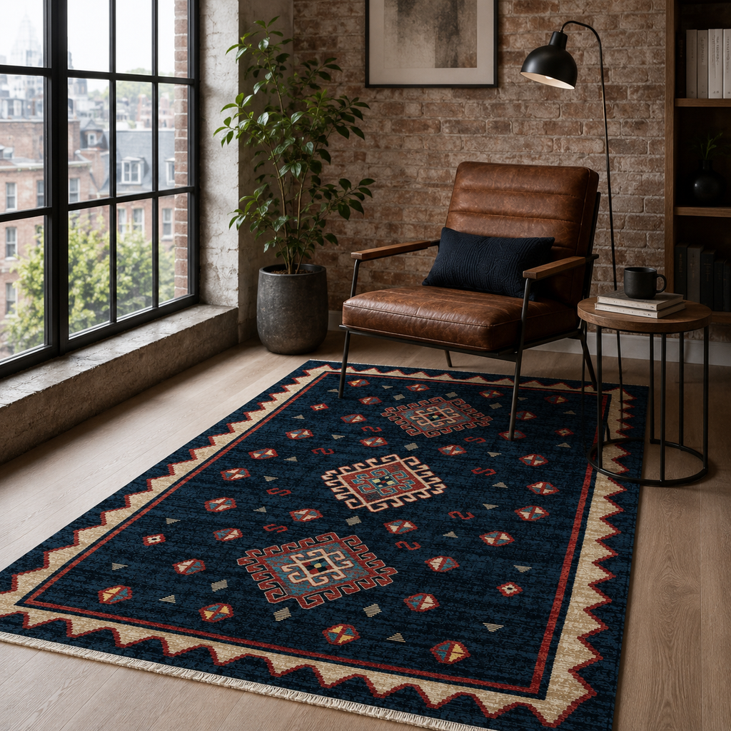 Tapis Ethnique Bleu Marine Lavable Oslo, vue 8