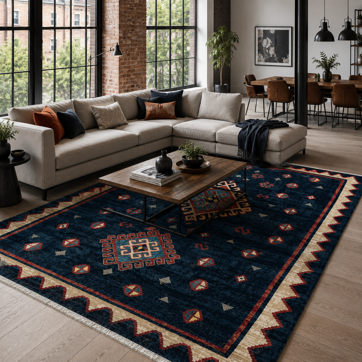 Tapis Ethnique Bleu Marine Lavable Oslo, vue 9