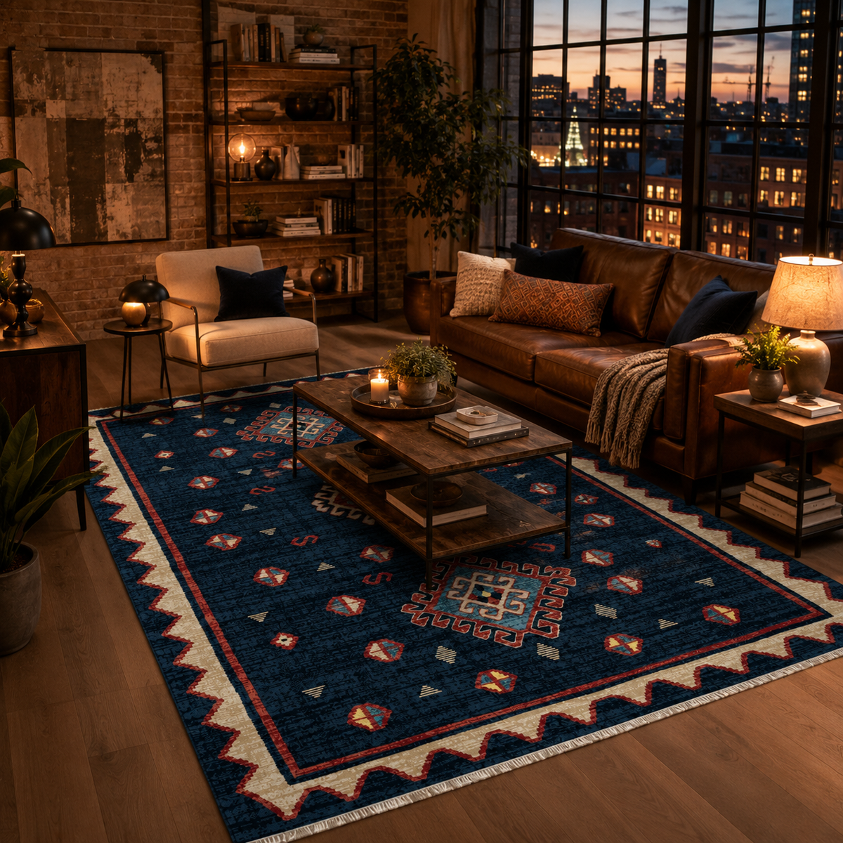 Tapis Ethnique Bleu Marine Lavable Oslo, vue 10