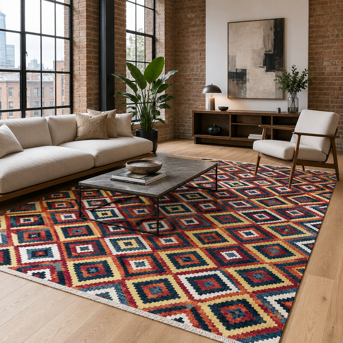 Détail du motif du tapis ethnique bordeaux lavable Lou