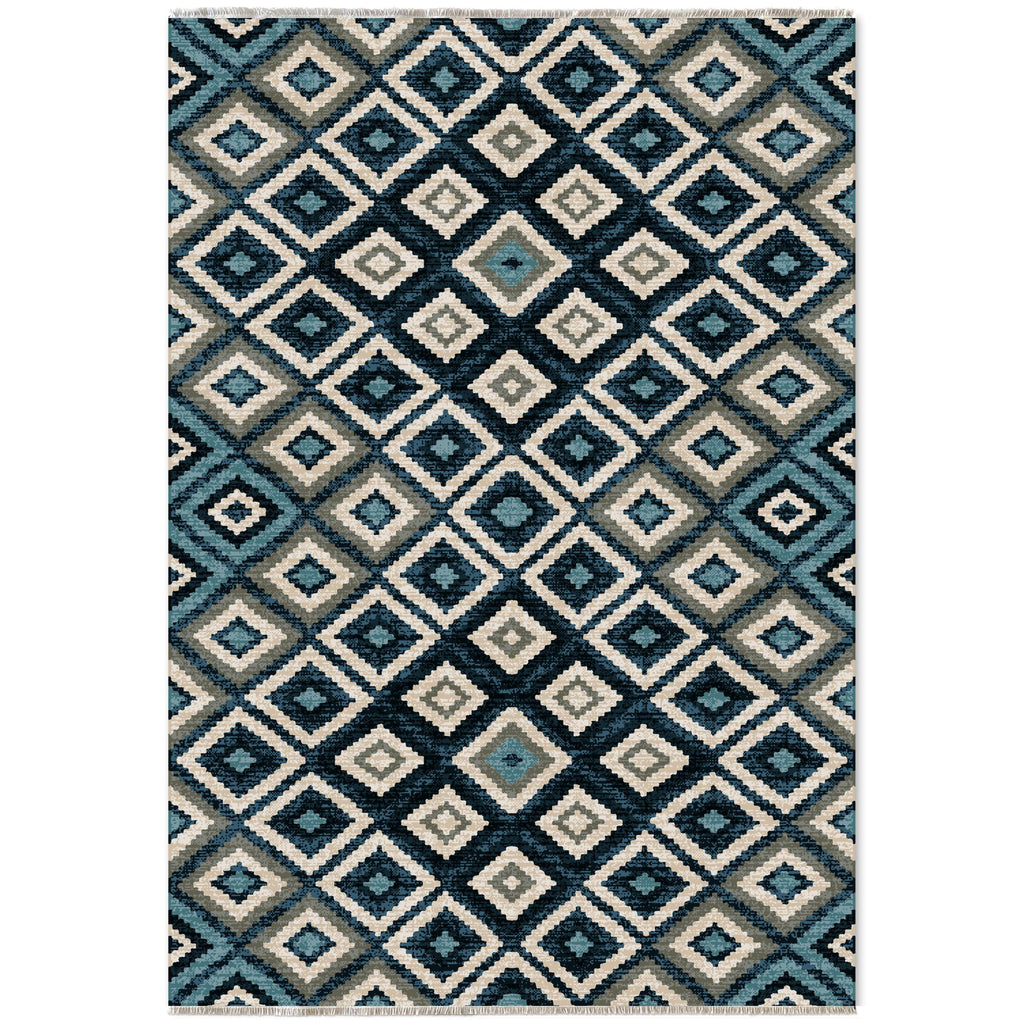 Détail du motif du tapis ethnique bleu marine lavable Oslo