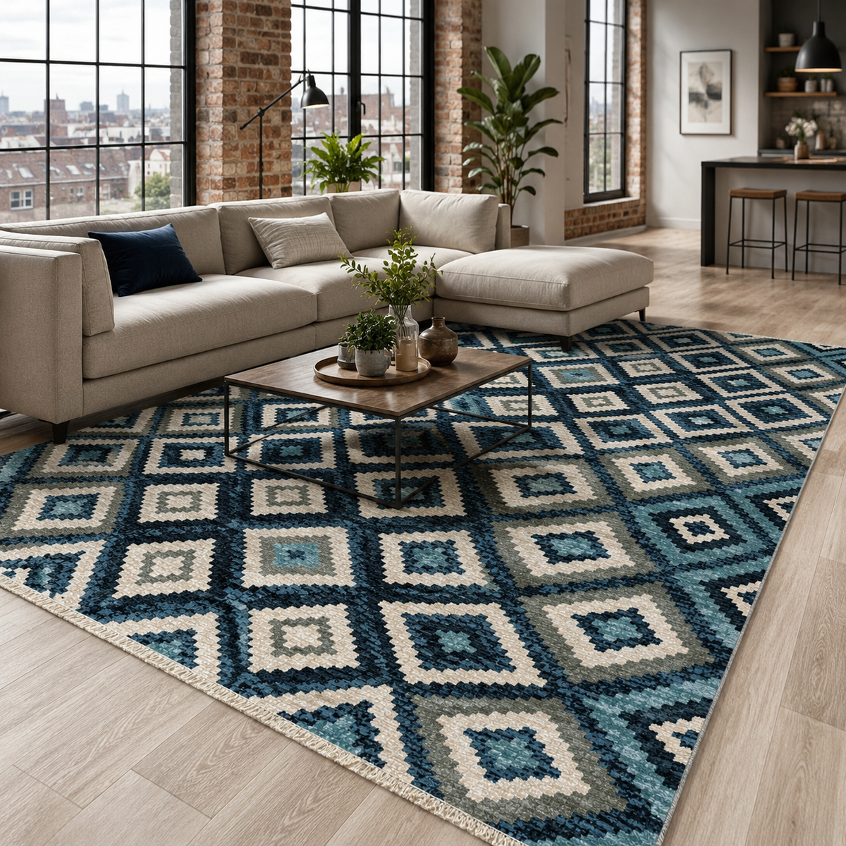 Tapis Ethnique Bleu Marine Lavable Oslo, vue 3