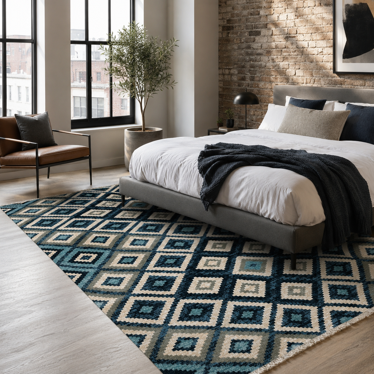 Tapis Ethnique Bleu Marine Lavable Oslo, vue 4