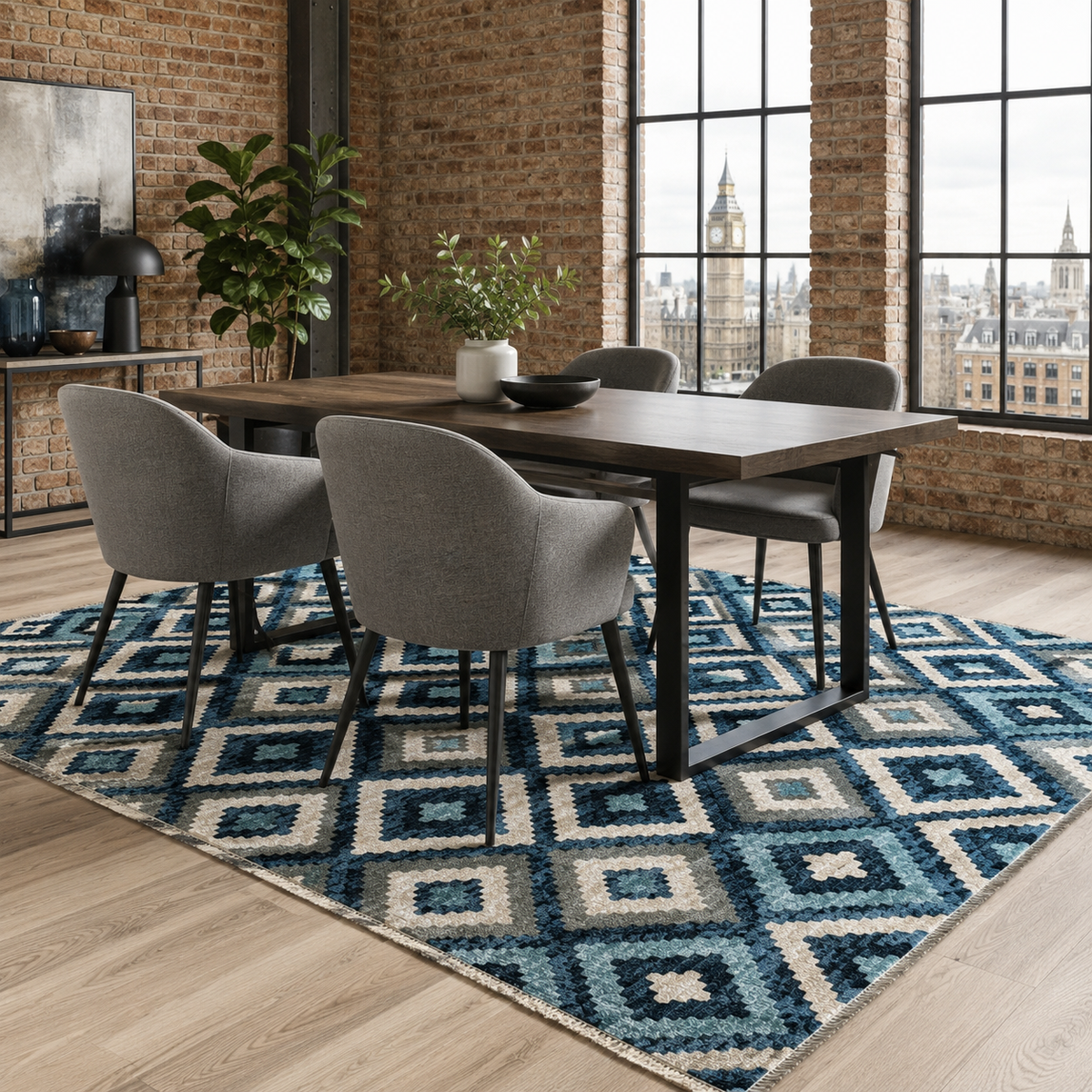 Tapis Ethnique Bleu Marine Lavable Oslo, vue 5