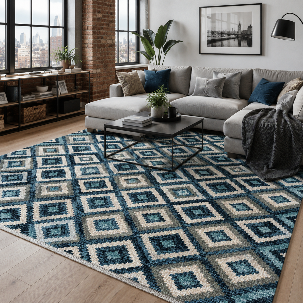 Tapis Ethnique Bleu Marine Lavable Oslo, vue 9
