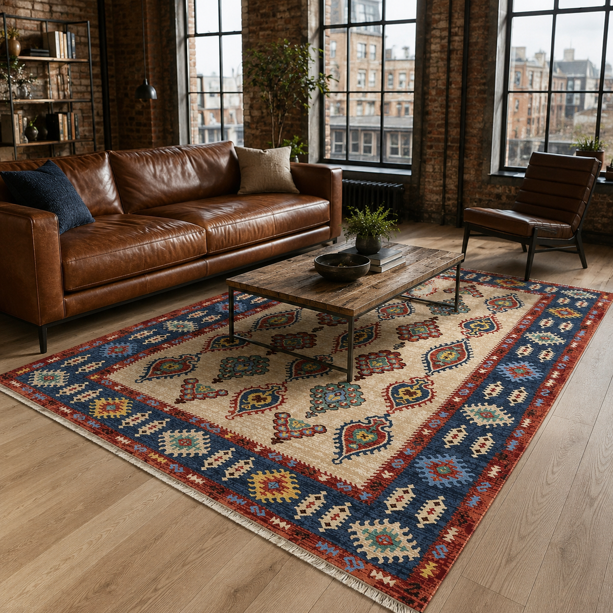 Tapis Ethnique Bleu Marine Lavable Lina, vue 3