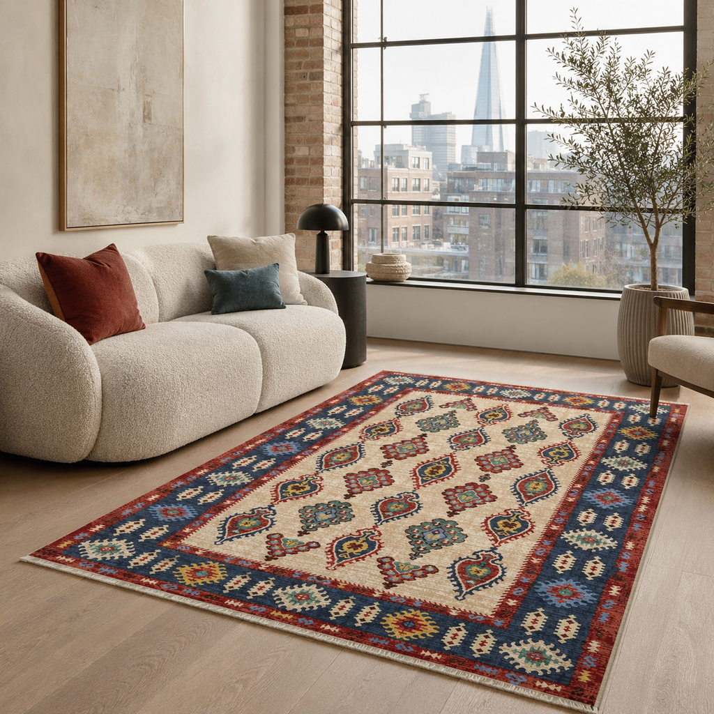 Tapis Ethnique Bleu Marine Lavable Lina, vue 4