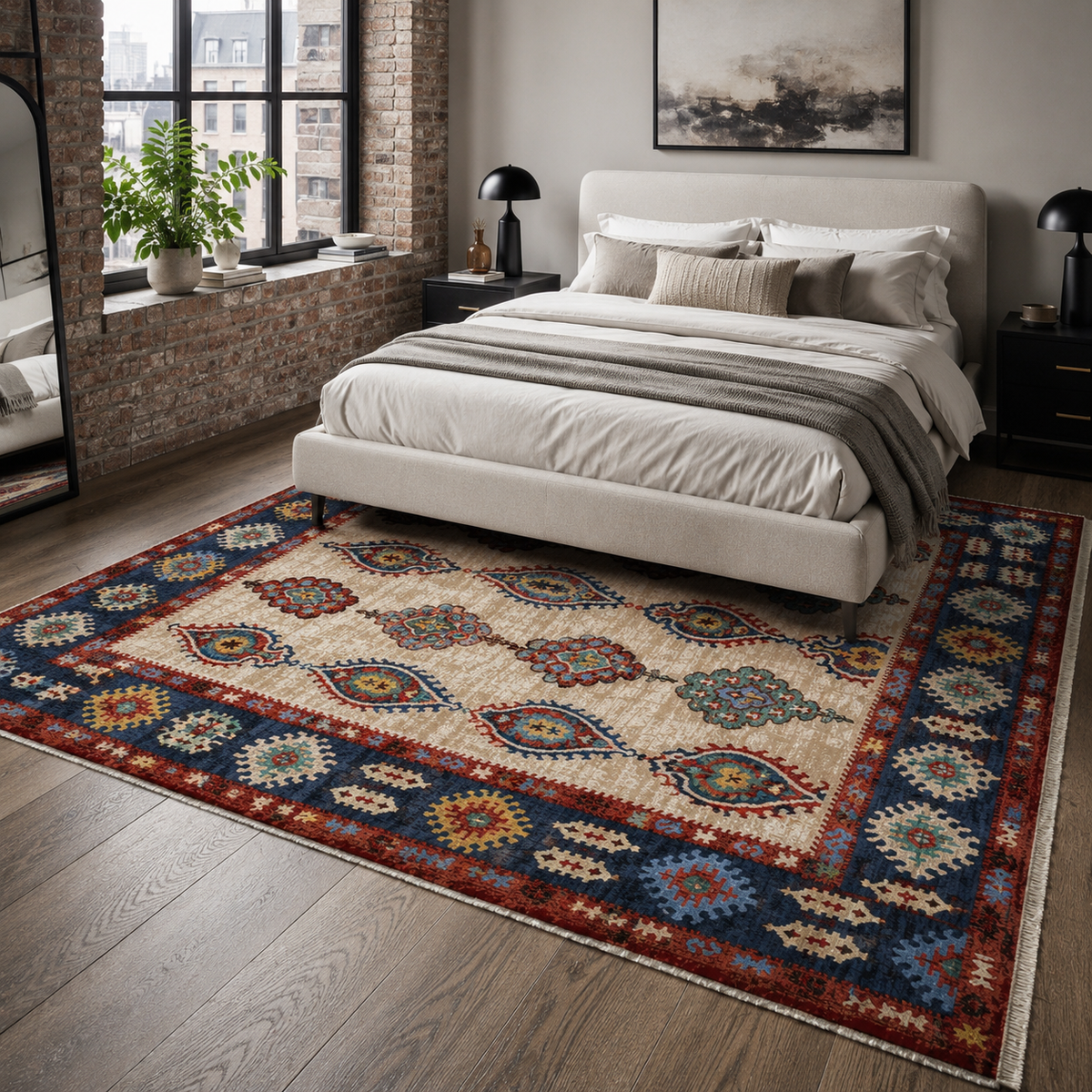 Tapis Ethnique Bleu Marine Lavable Lina, vue 5