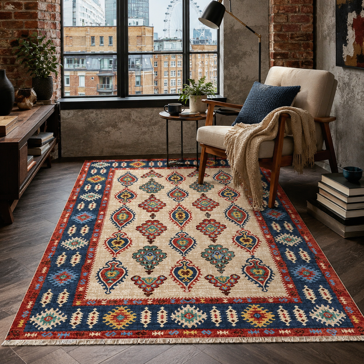 Tapis Ethnique Bleu Marine Lavable Lina, vue 8