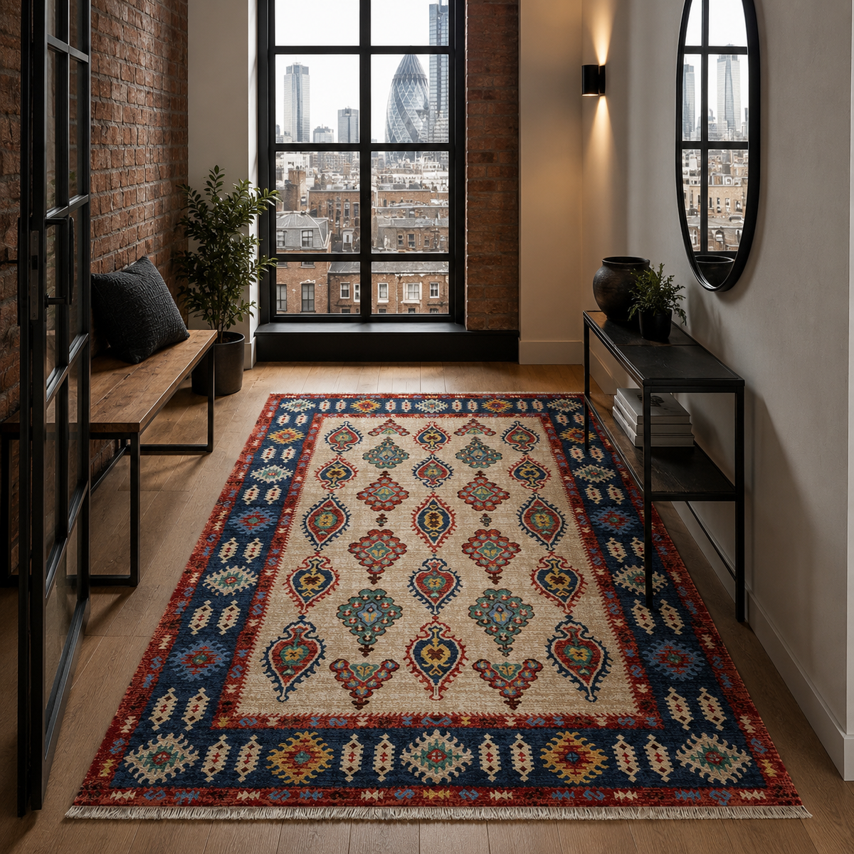 Tapis Ethnique Bleu Marine Lavable Lina, vue 9