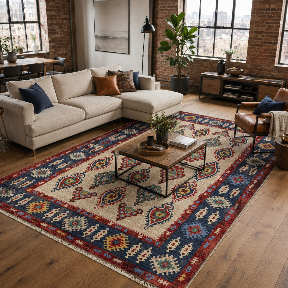 Tapis Ethnique Bleu Marine Lavable Lina, vue 10