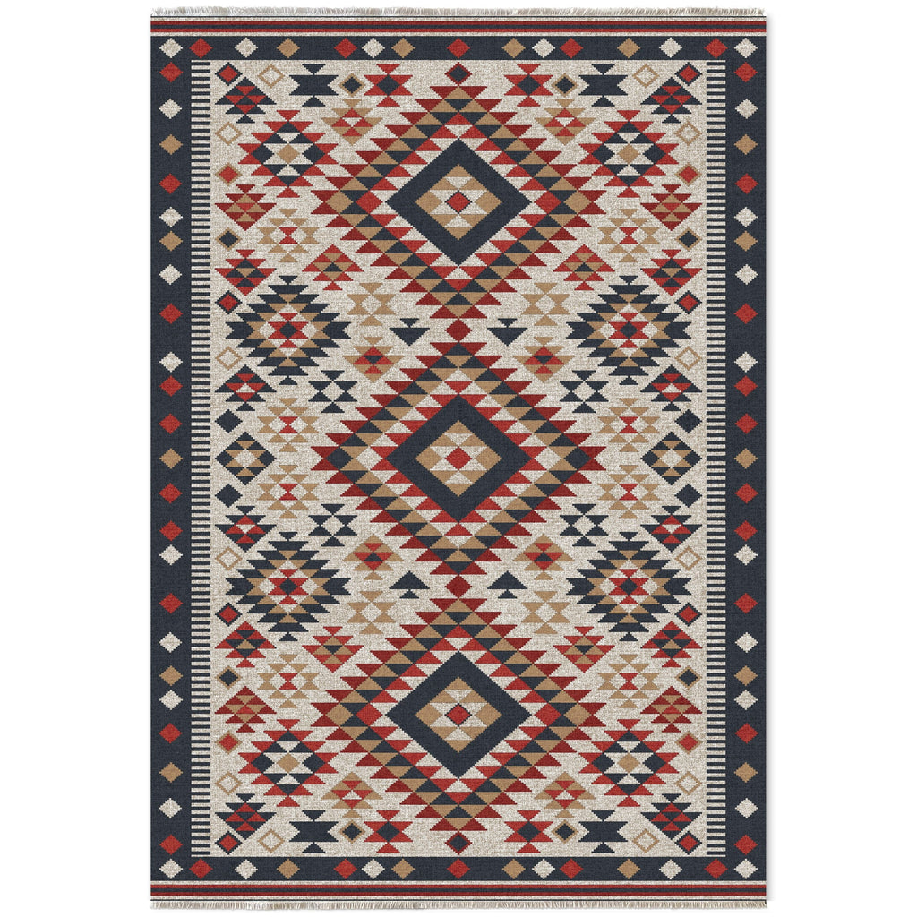 Détail du motif du tapis ethnique bleu marine lavable Elara