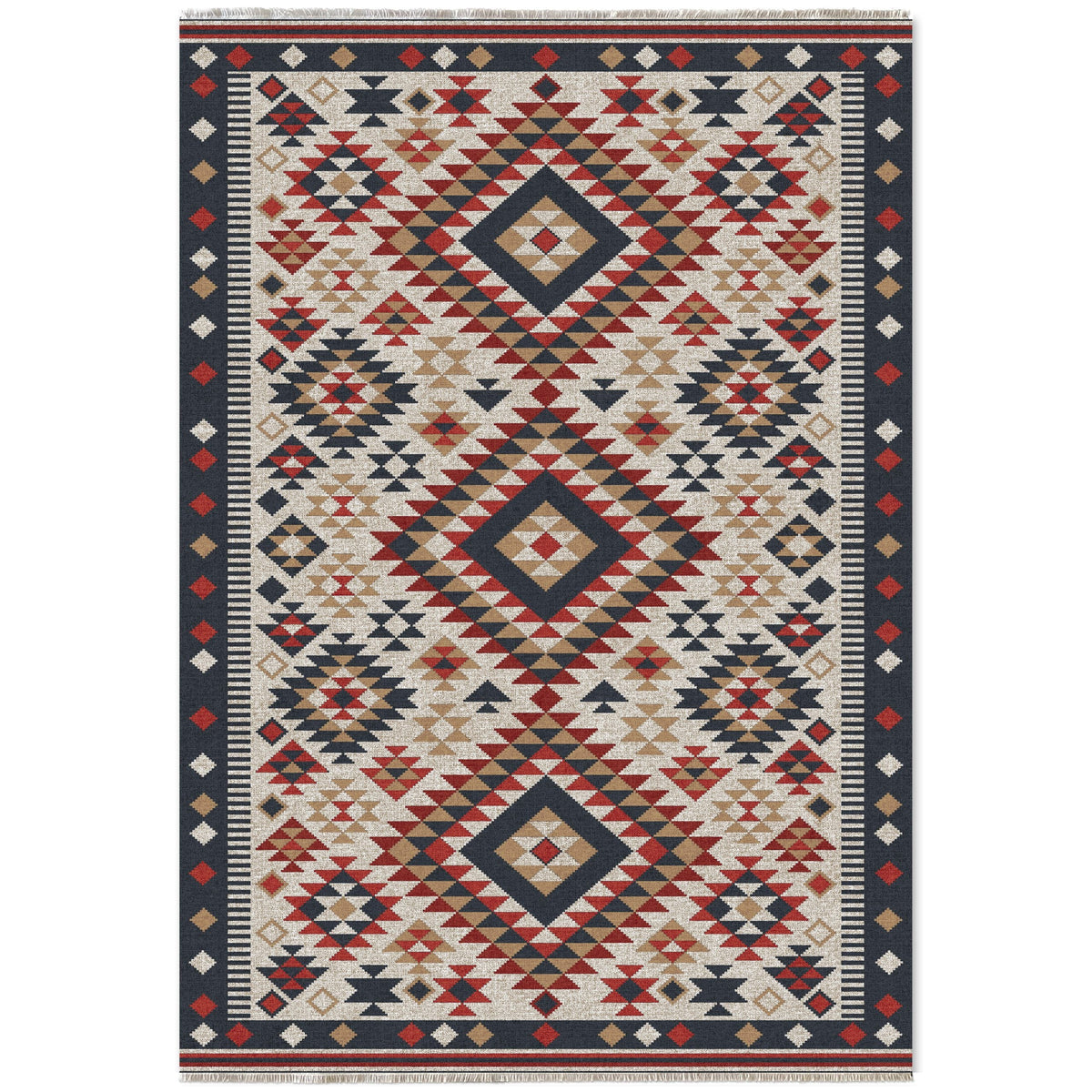 Détail du motif du tapis ethnique bleu marine lavable Elara