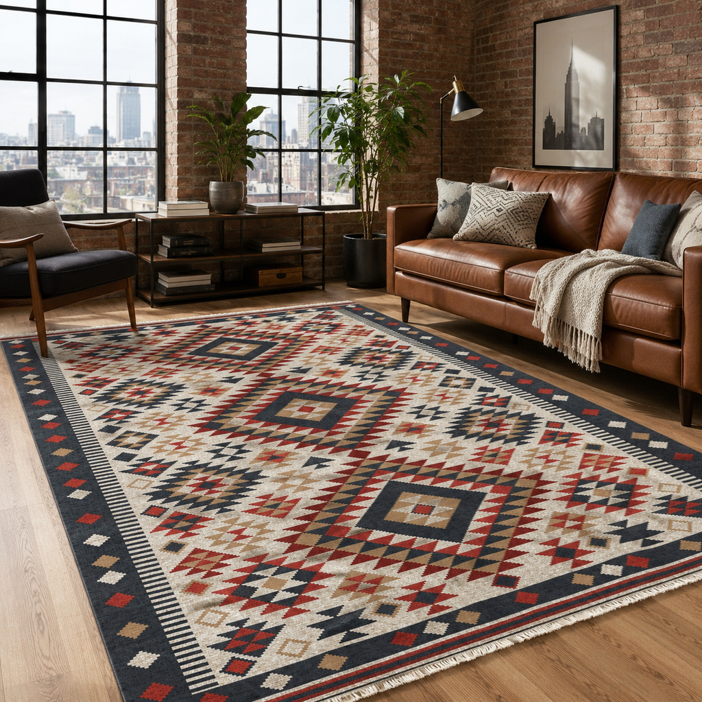 Tapis Ethnique Bleu Marine Lavable Elara, vue 3