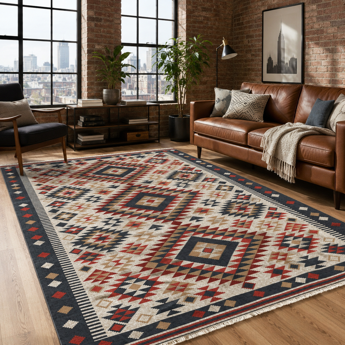 Tapis Ethnique Bleu Marine Lavable Elara, vue 3