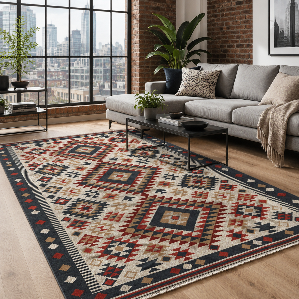 Tapis Ethnique Bleu Marine Lavable Elara, vue 4