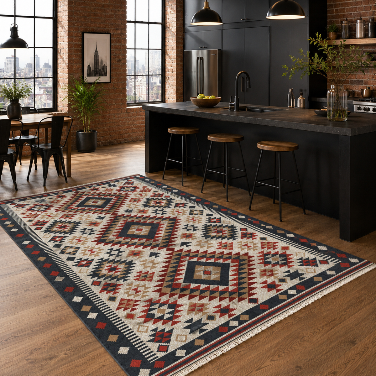 Tapis Ethnique Bleu Marine Lavable Elara, vue 5