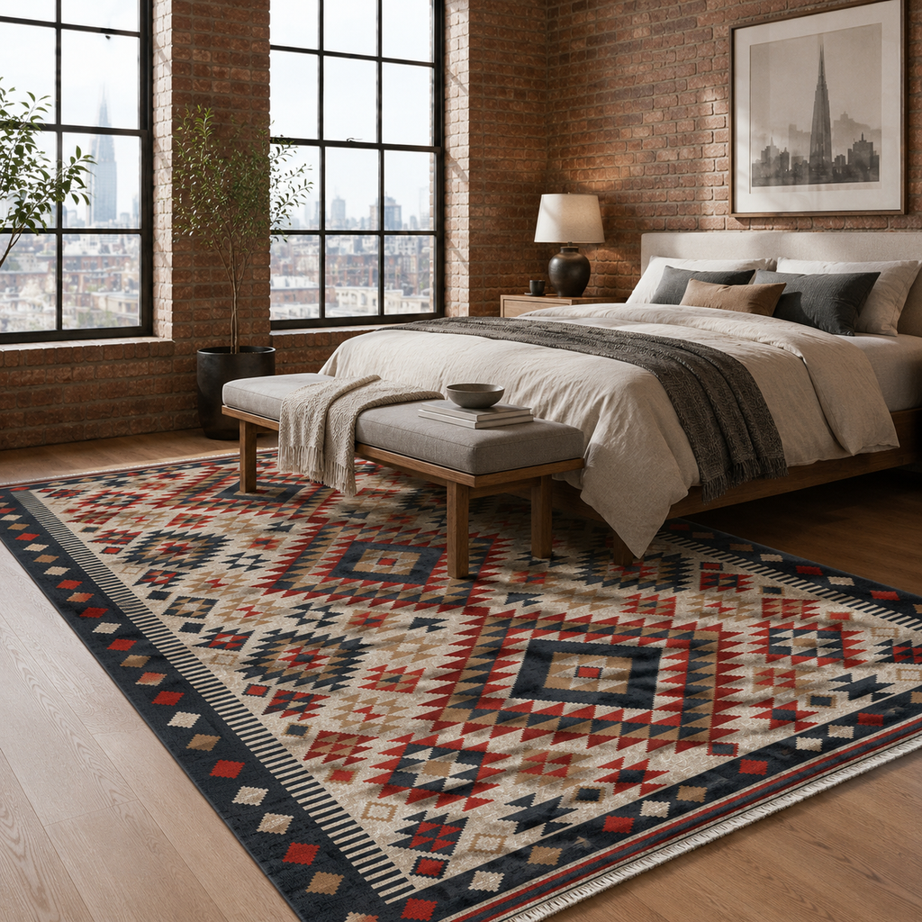 Tapis Ethnique Bleu Marine Lavable Elara, vue 6