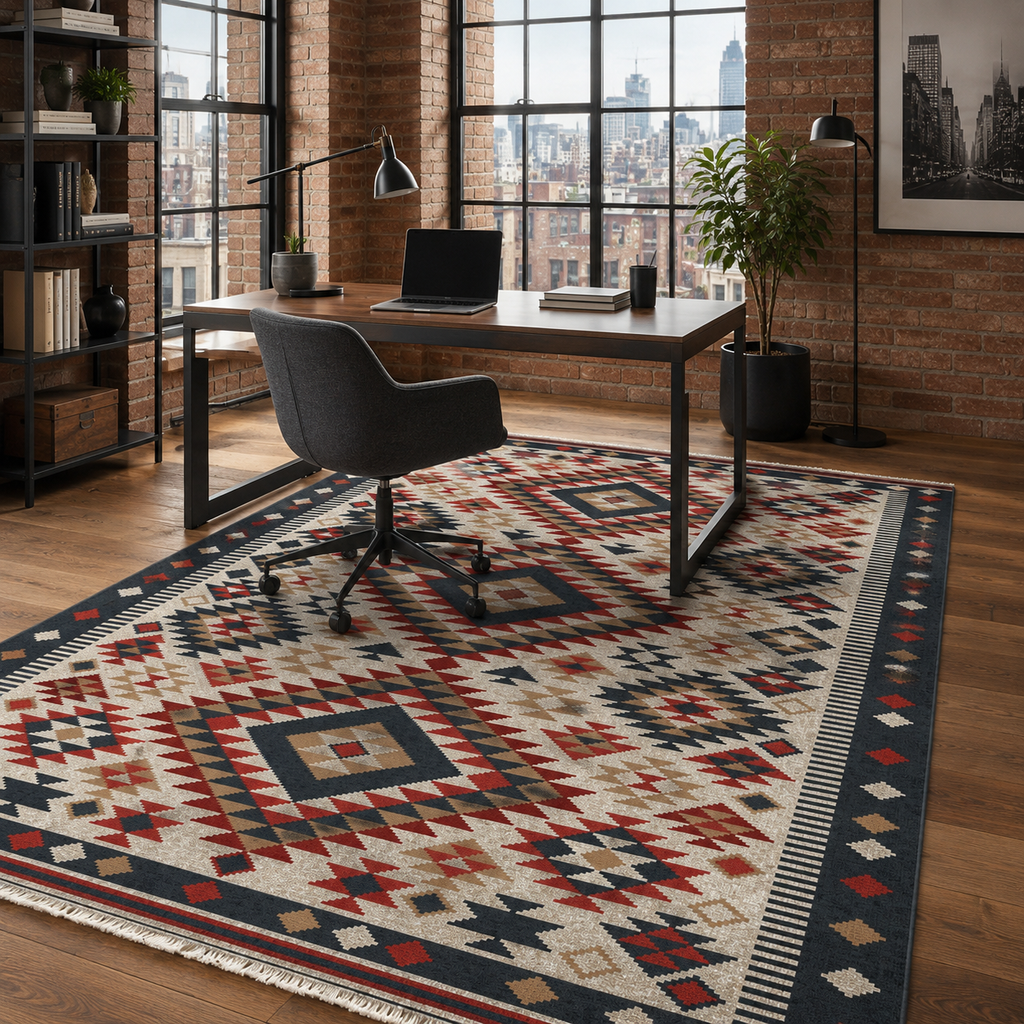 Tapis Ethnique Bleu Marine Lavable Elara, vue 7