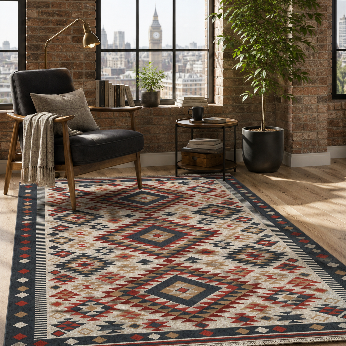 Tapis Ethnique Bleu Marine Lavable Elara, vue 8