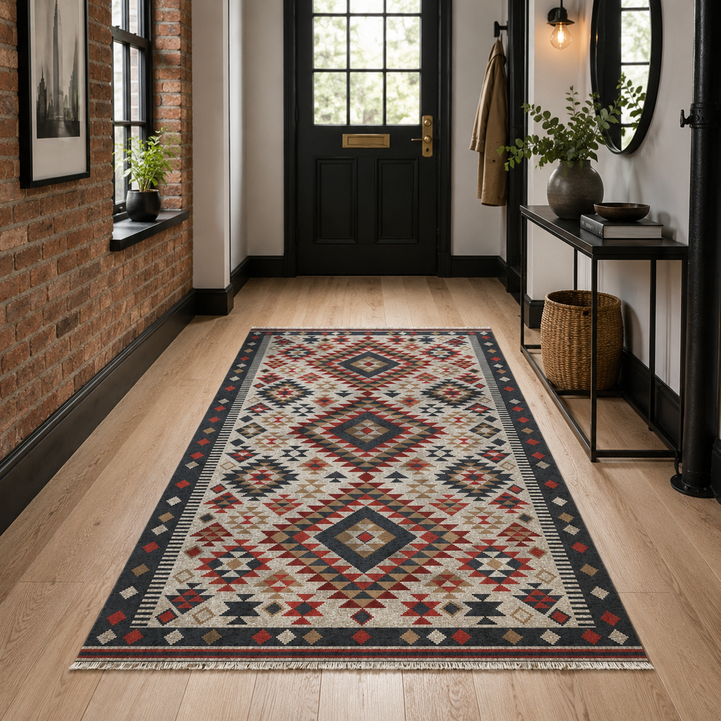 Tapis Ethnique Bleu Marine Lavable Elara, vue 9