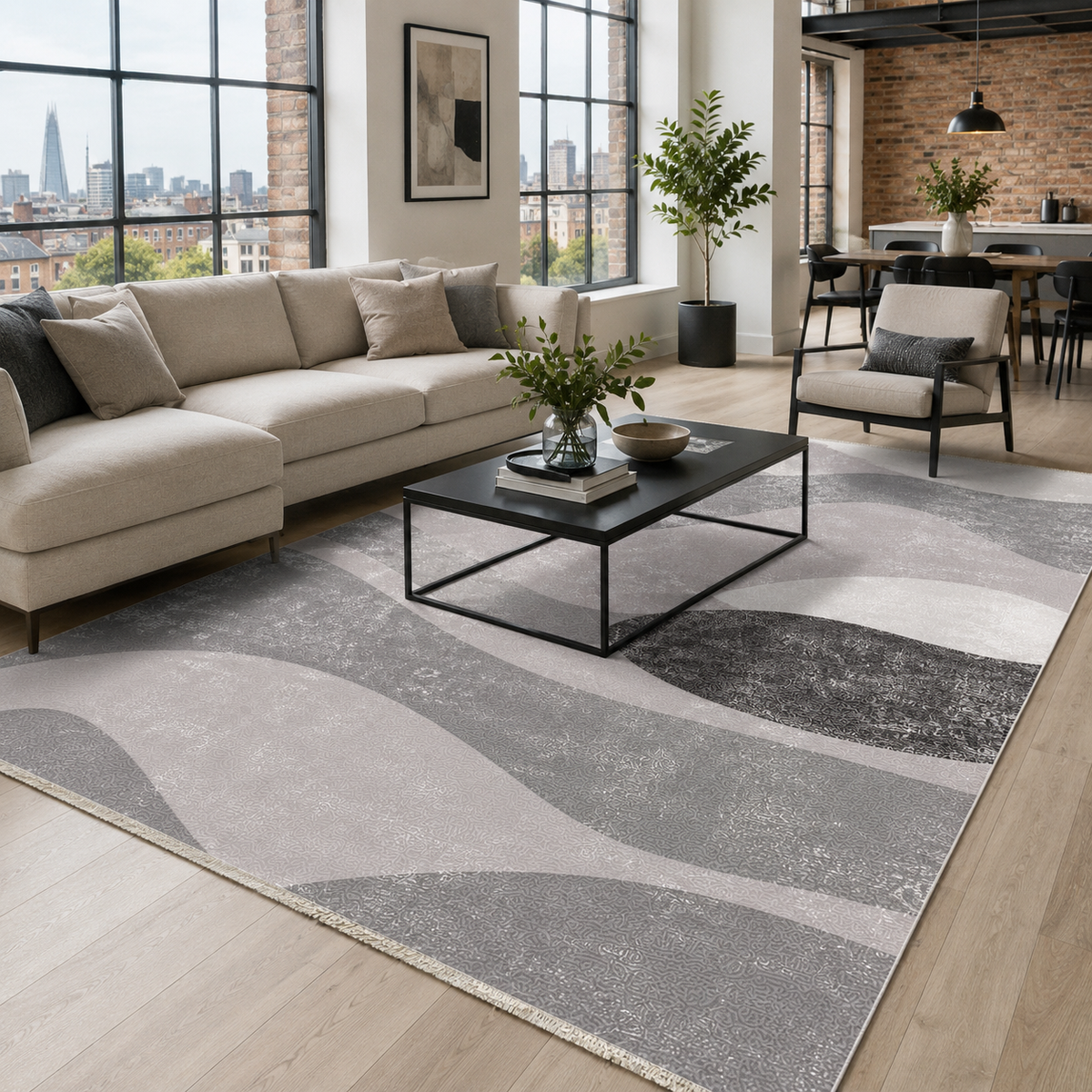 Tapis Géométrique Moderne Gris Lavable Cécilia, vue 3