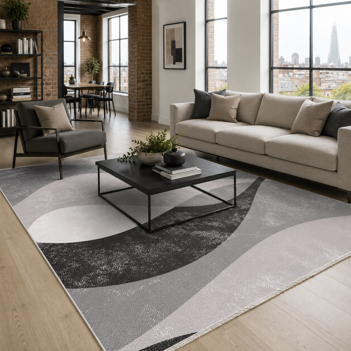 Tapis Géométrique Moderne Gris Lavable Cécilia, vue 4