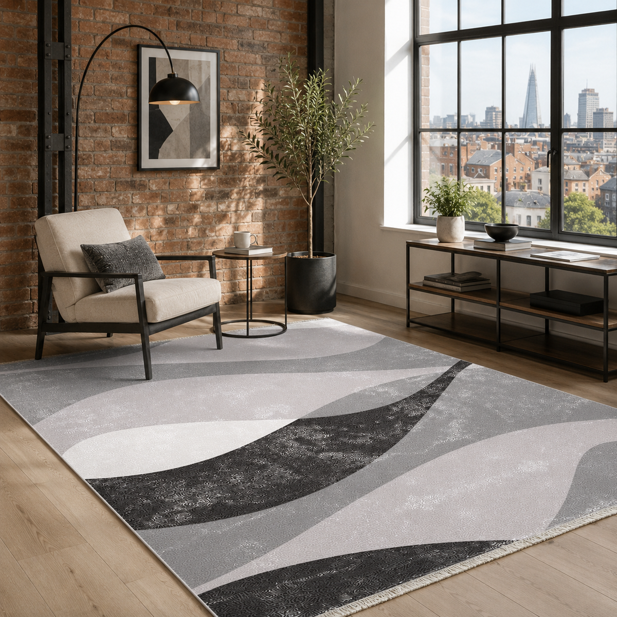 Tapis Géométrique Moderne Gris Lavable Cécilia, vue 8