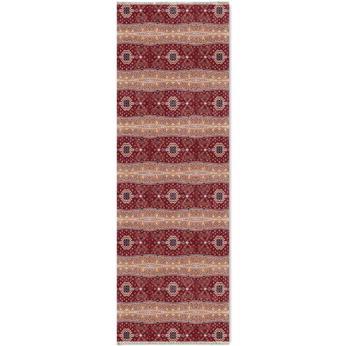 Détail du motif du tapis ethnique bordeaux lavable Maël