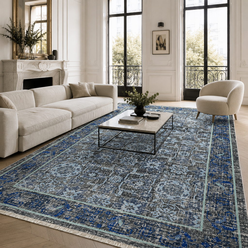 Tapis Classique Vintage Bleu Marine Lavable Estelle, vue principale
