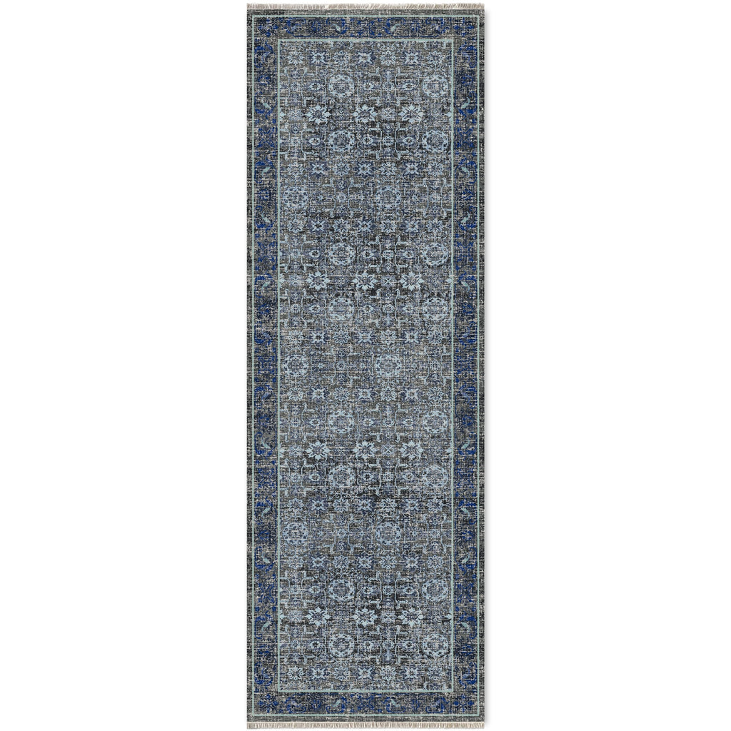 Détail du motif du tapis classique vintage bleu marine lavable Estelle