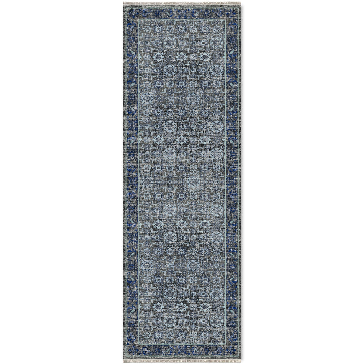 Détail du motif du tapis classique vintage bleu marine lavable Estelle