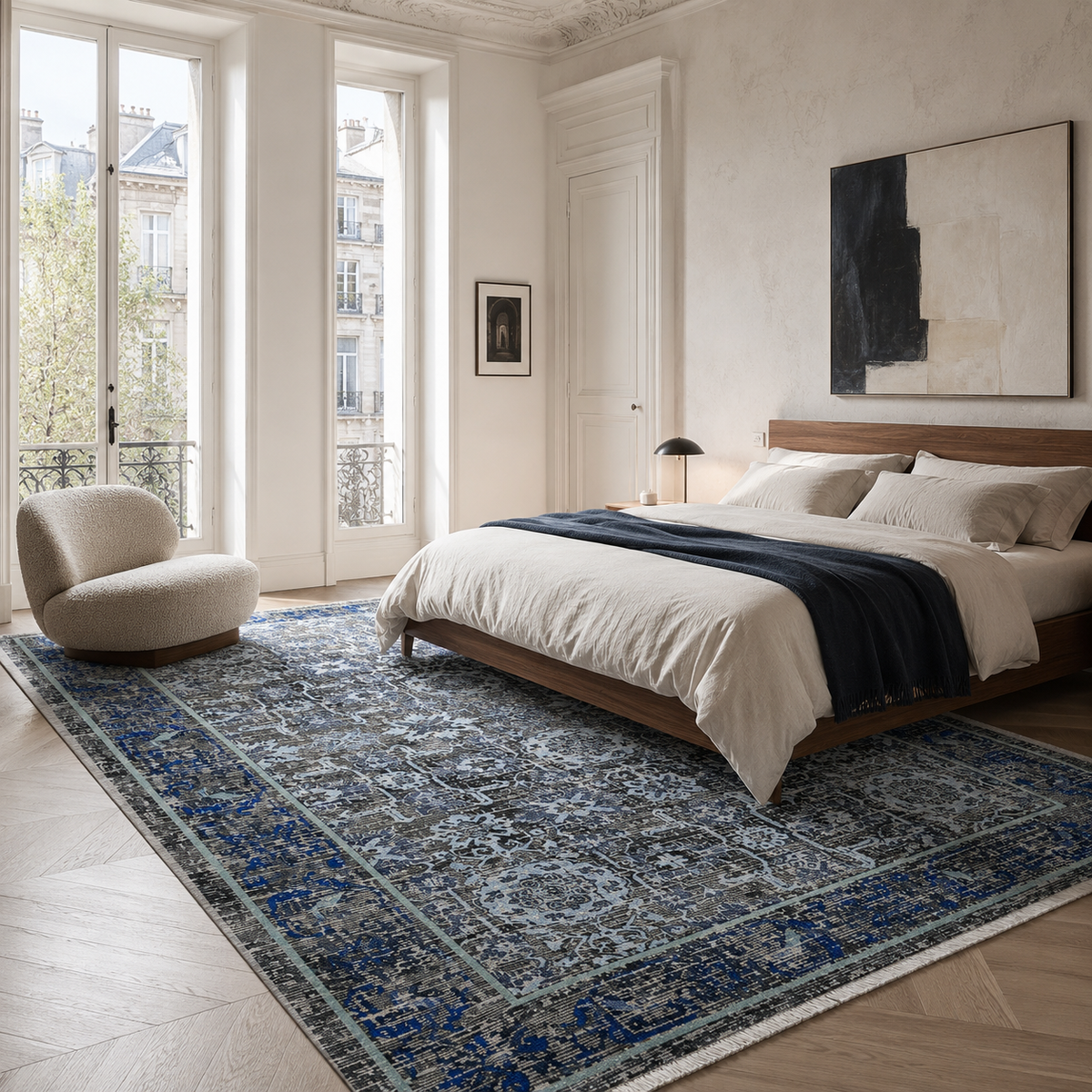 Tapis Classique Vintage Bleu Marine Lavable Estelle, vue 4