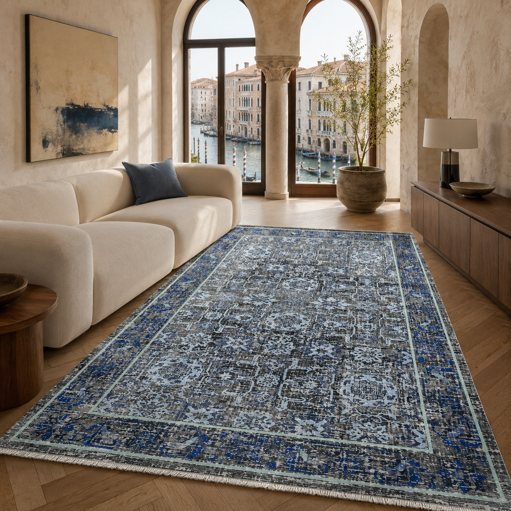 Tapis Classique Vintage Bleu Marine Lavable Estelle, vue 5