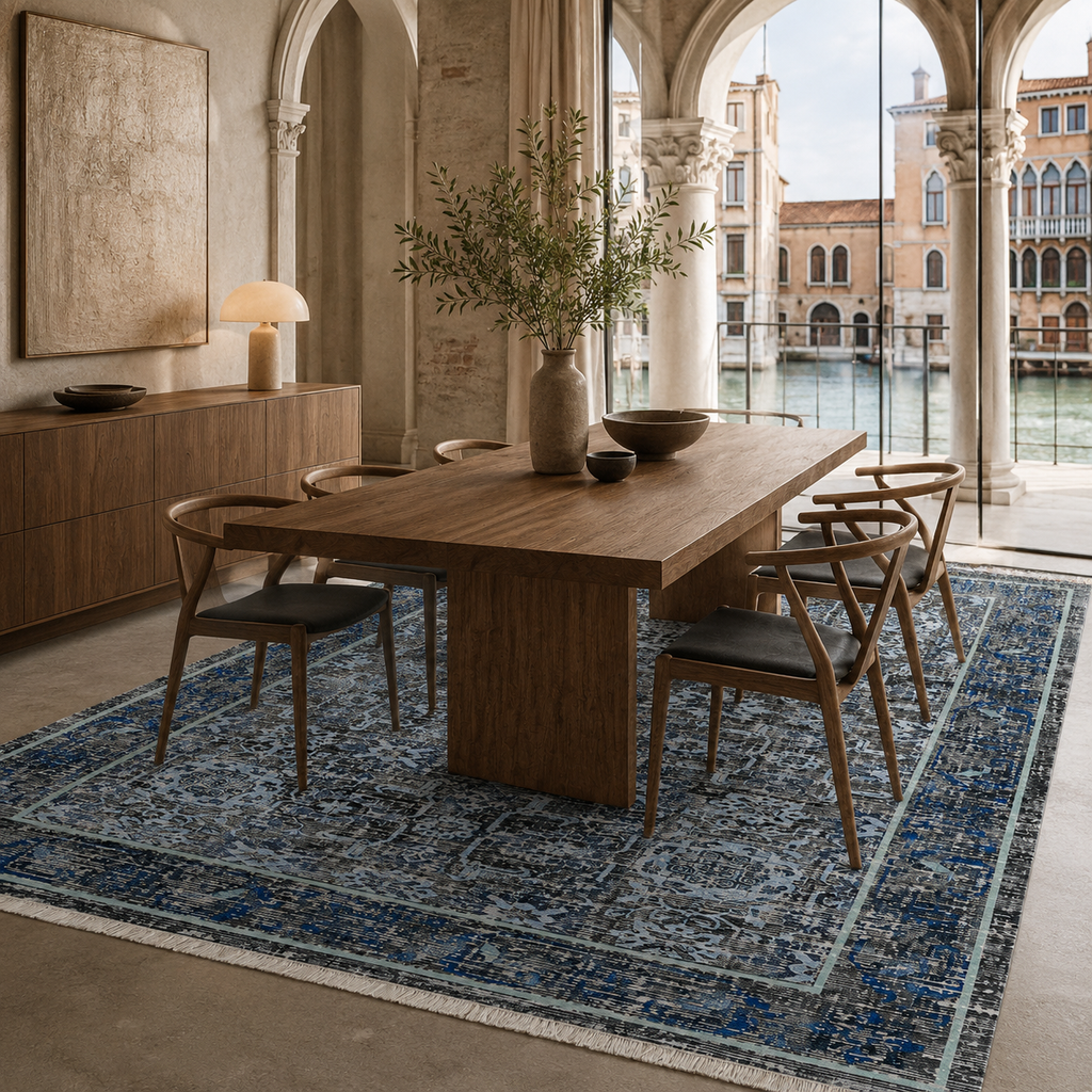 Tapis Classique Vintage Bleu Marine Lavable Estelle, vue 6