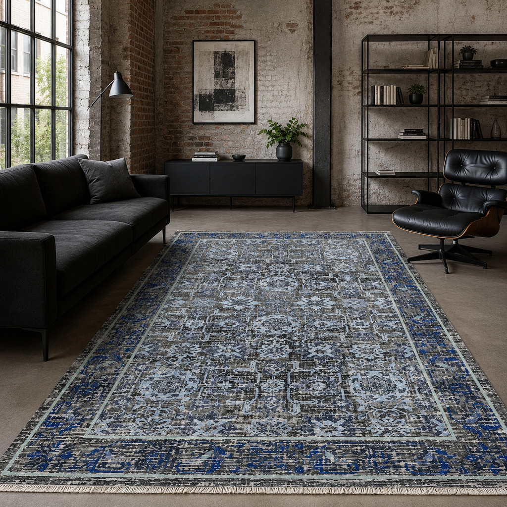 Tapis Classique Vintage Bleu Marine Lavable Estelle, vue 7