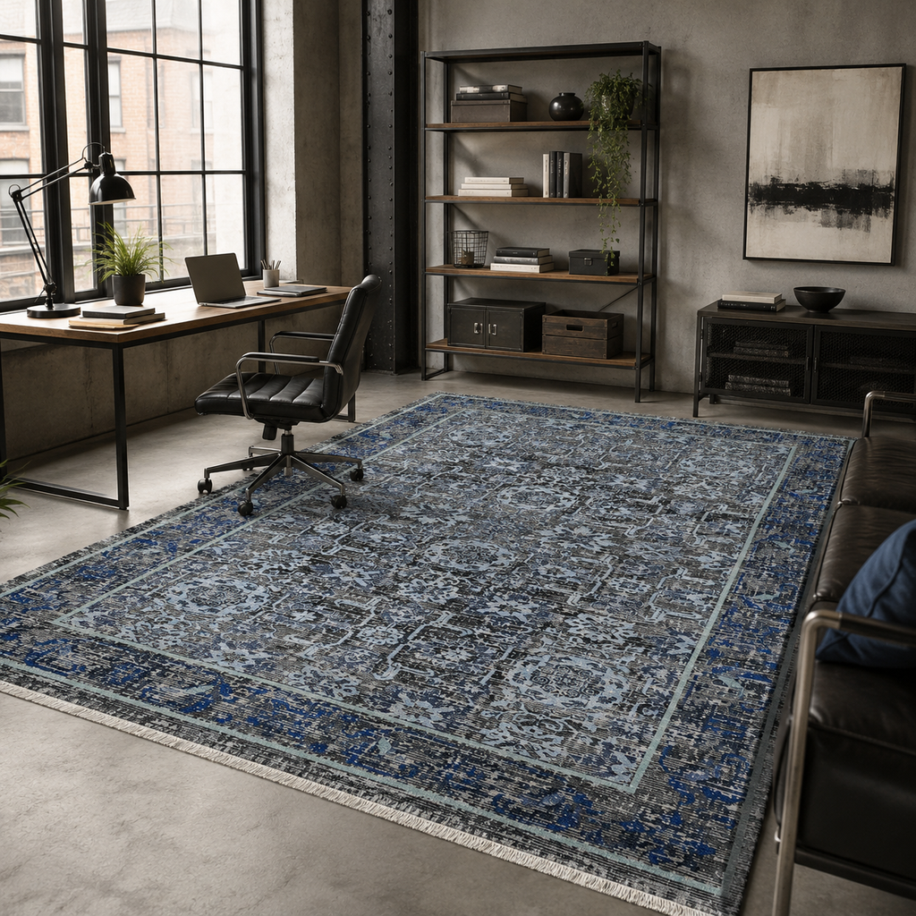 Tapis Classique Vintage Bleu Marine Lavable Estelle, vue 8