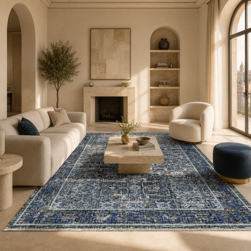 Tapis Classique Vintage Bleu Marine Lavable Estelle, vue 9