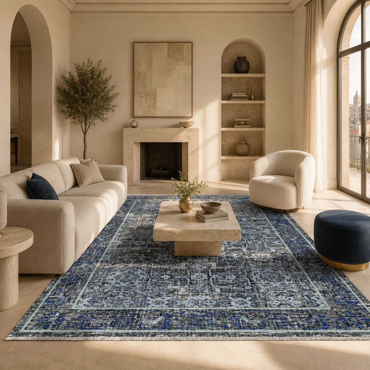 Tapis Classique Vintage Bleu Marine Lavable Estelle, vue 9