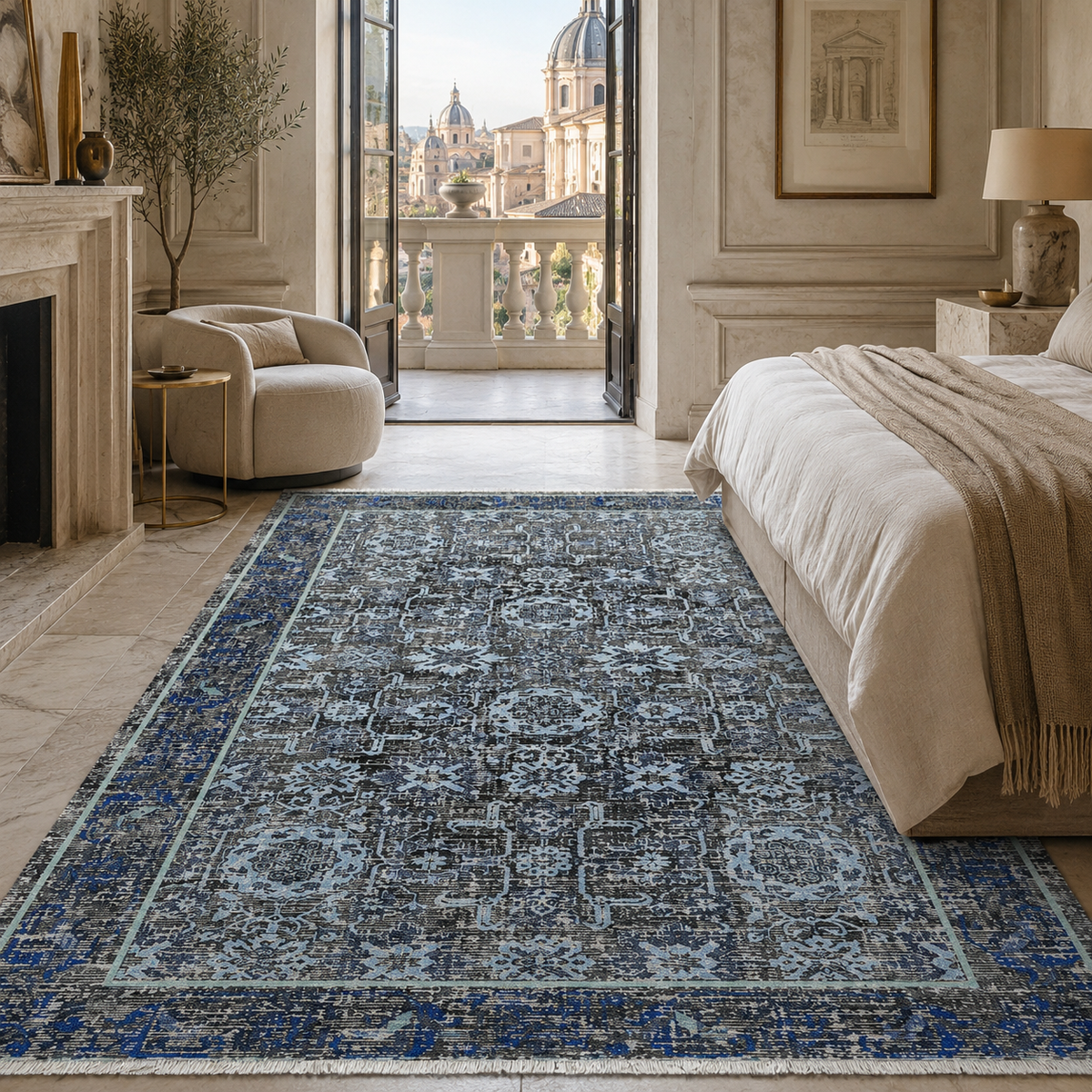 Tapis Classique Vintage Bleu Marine Lavable Estelle, vue 10