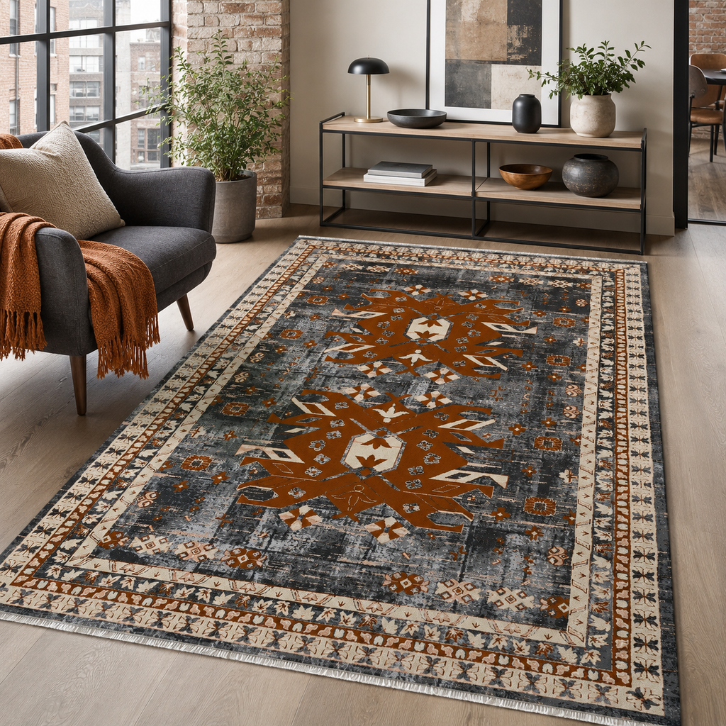 Tapis Ethnique Bleu Marine Lavable Lior, vue 10
