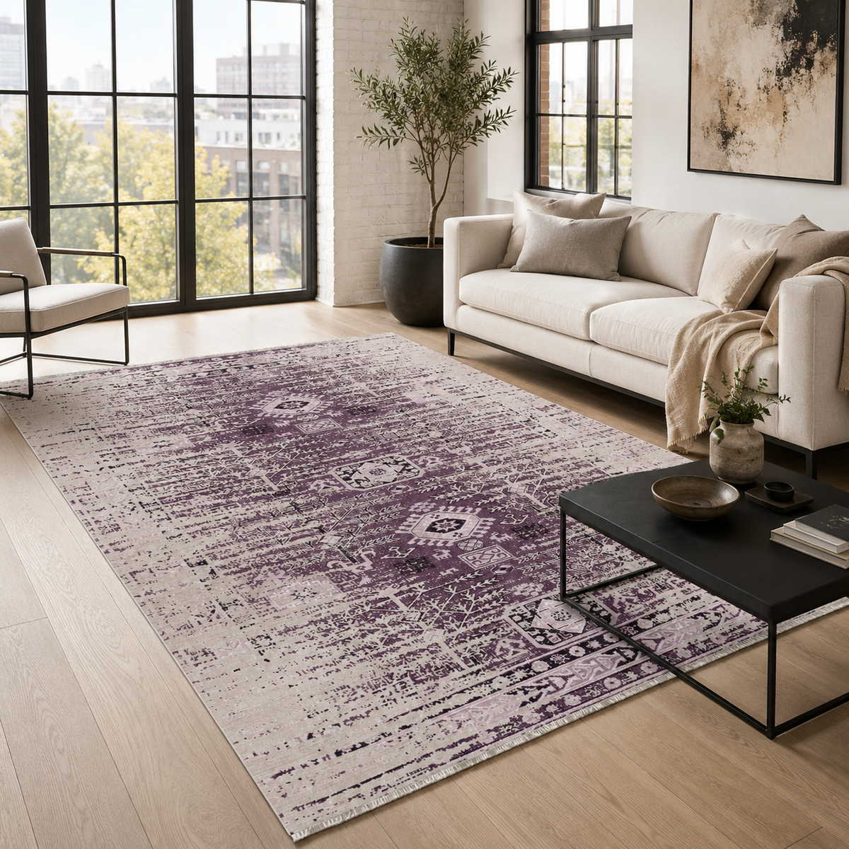 Tapis Ethnique Vintage Gris Lavable Esmée, vue principale