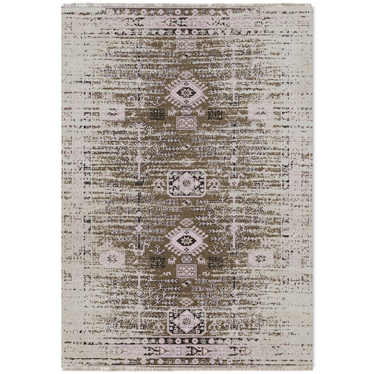 Détail du motif du tapis vintage gris lavable Brune