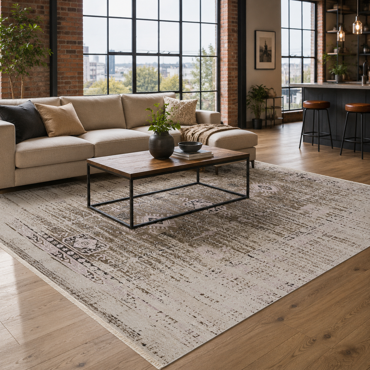 Tapis Vintage Gris Lavable Brune, vue 3