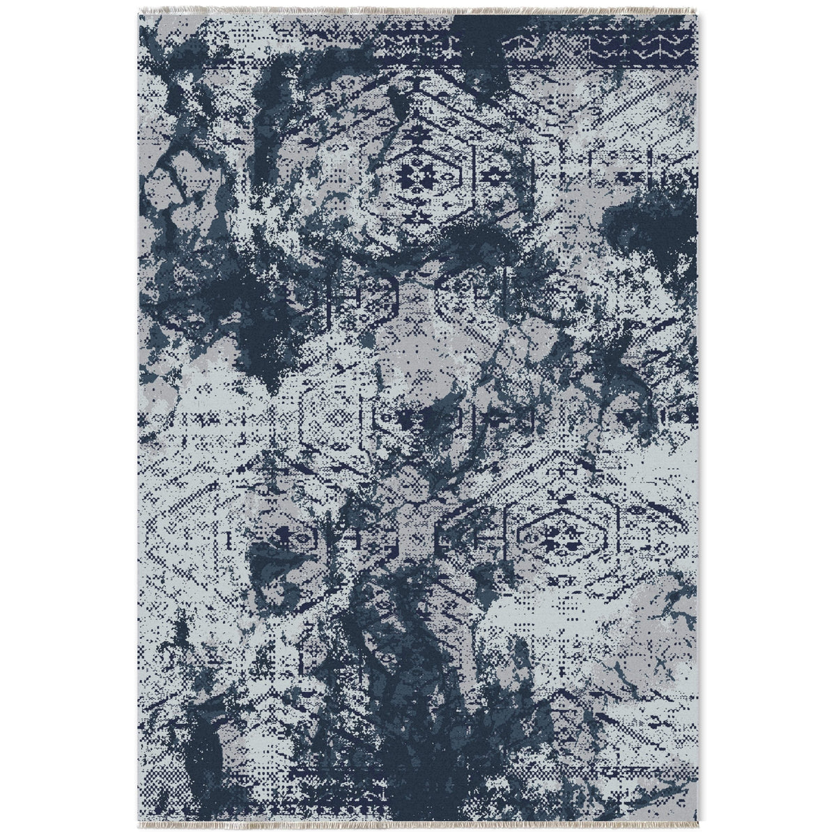 Détail du motif du tapis géométrique moderne bleu marine lavable June