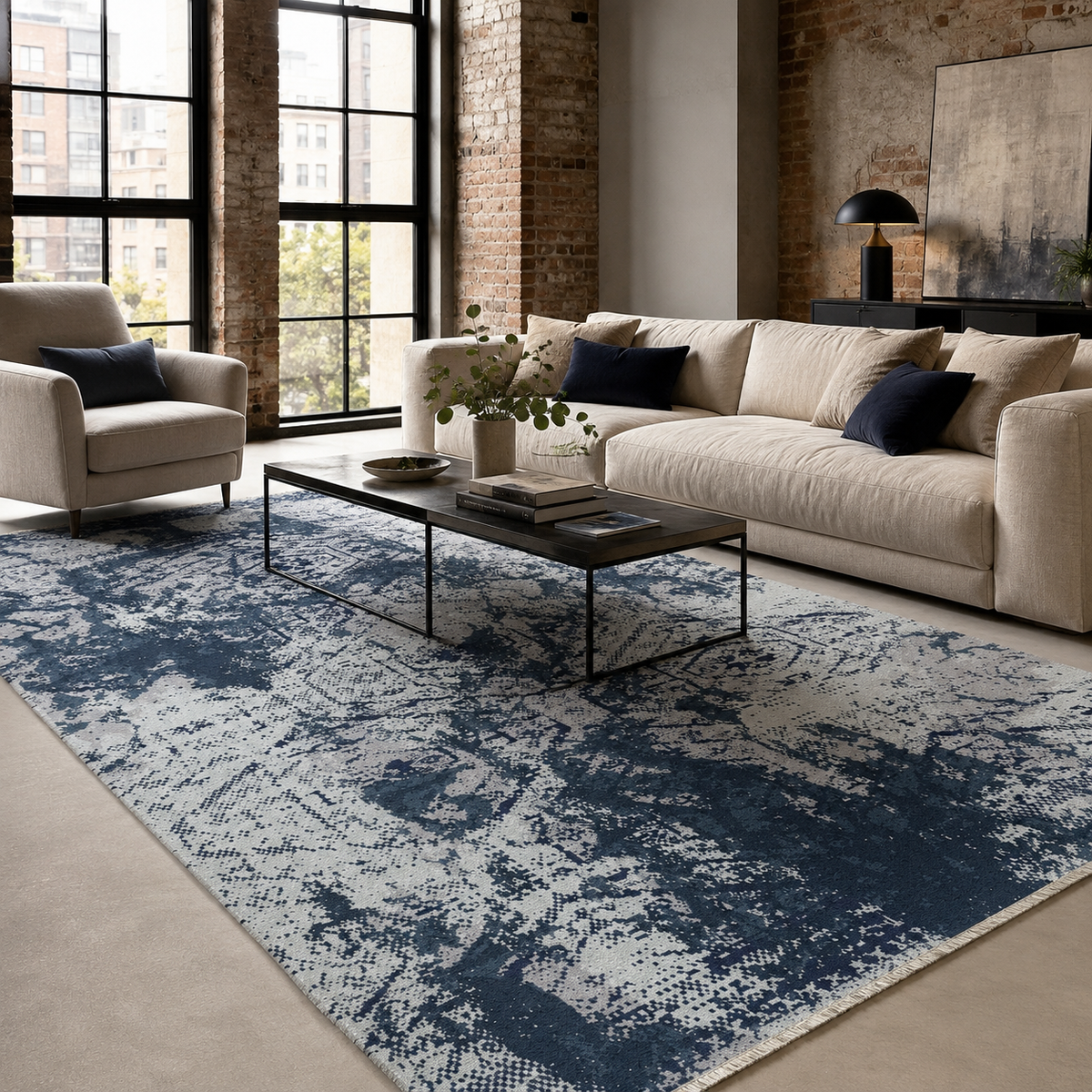 Tapis Géométrique Moderne Bleu Marine Lavable June, vue 3