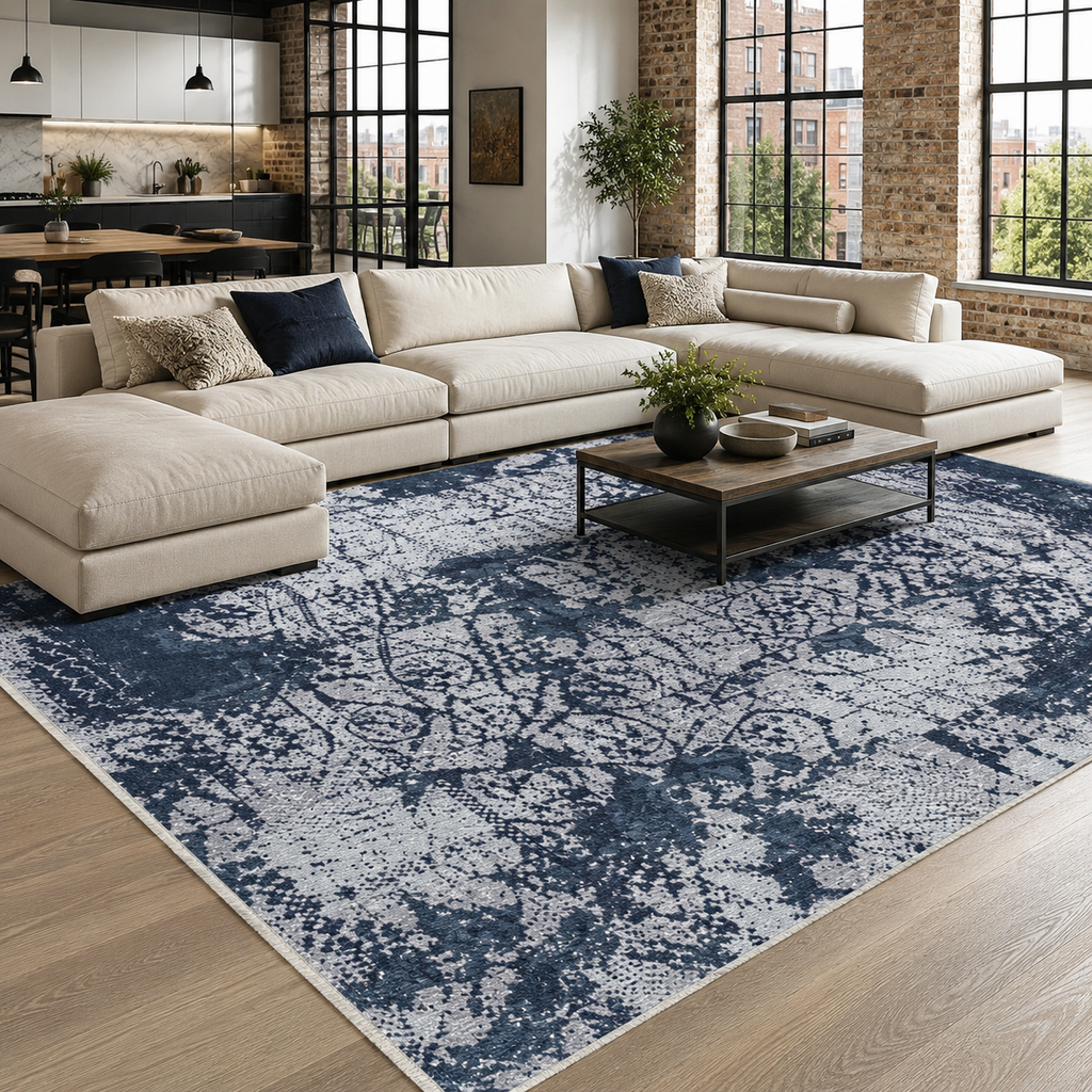 Tapis Géométrique Moderne Bleu Marine Lavable June, vue 4