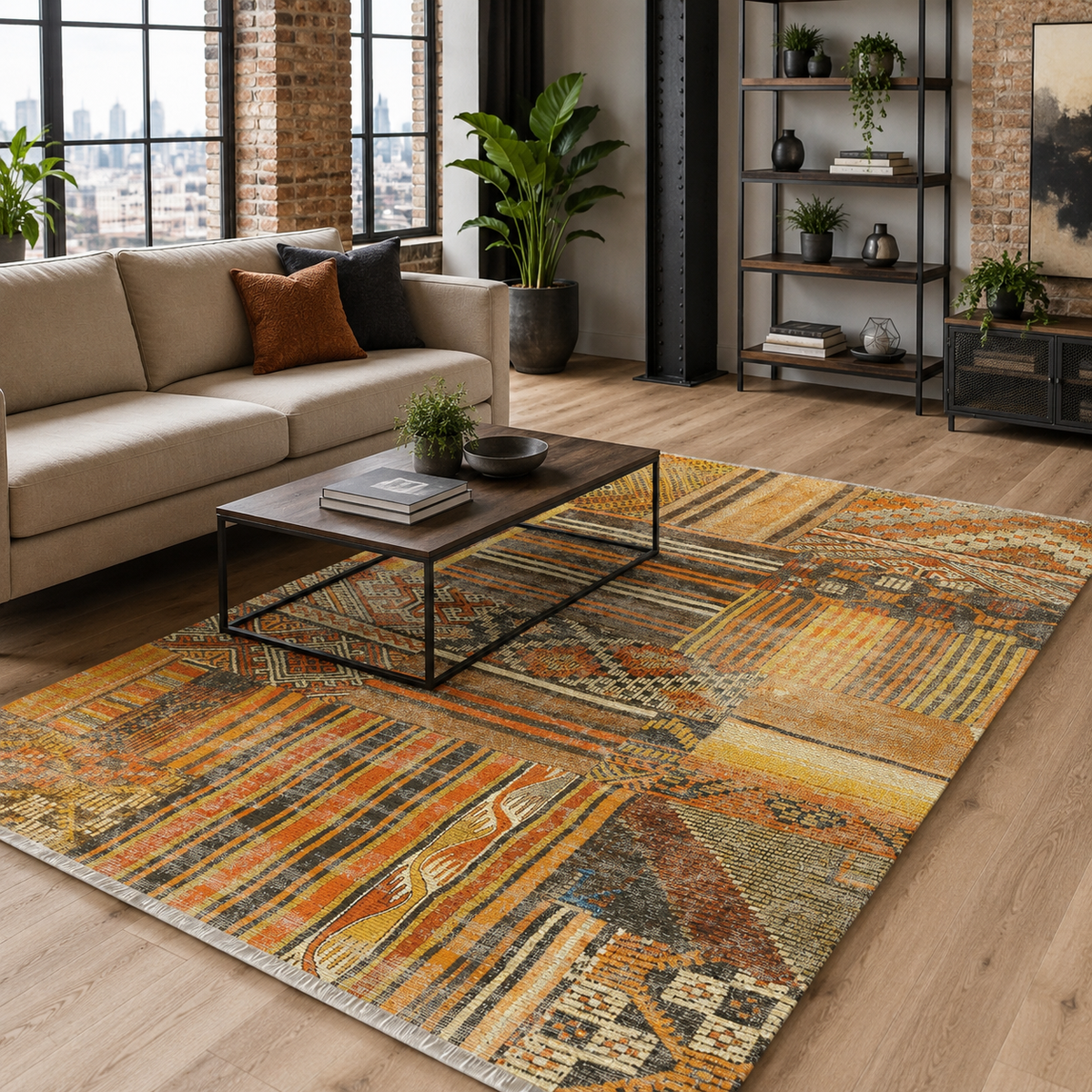 Tapis Ethnique Gris Lavable Ewan, vue 3